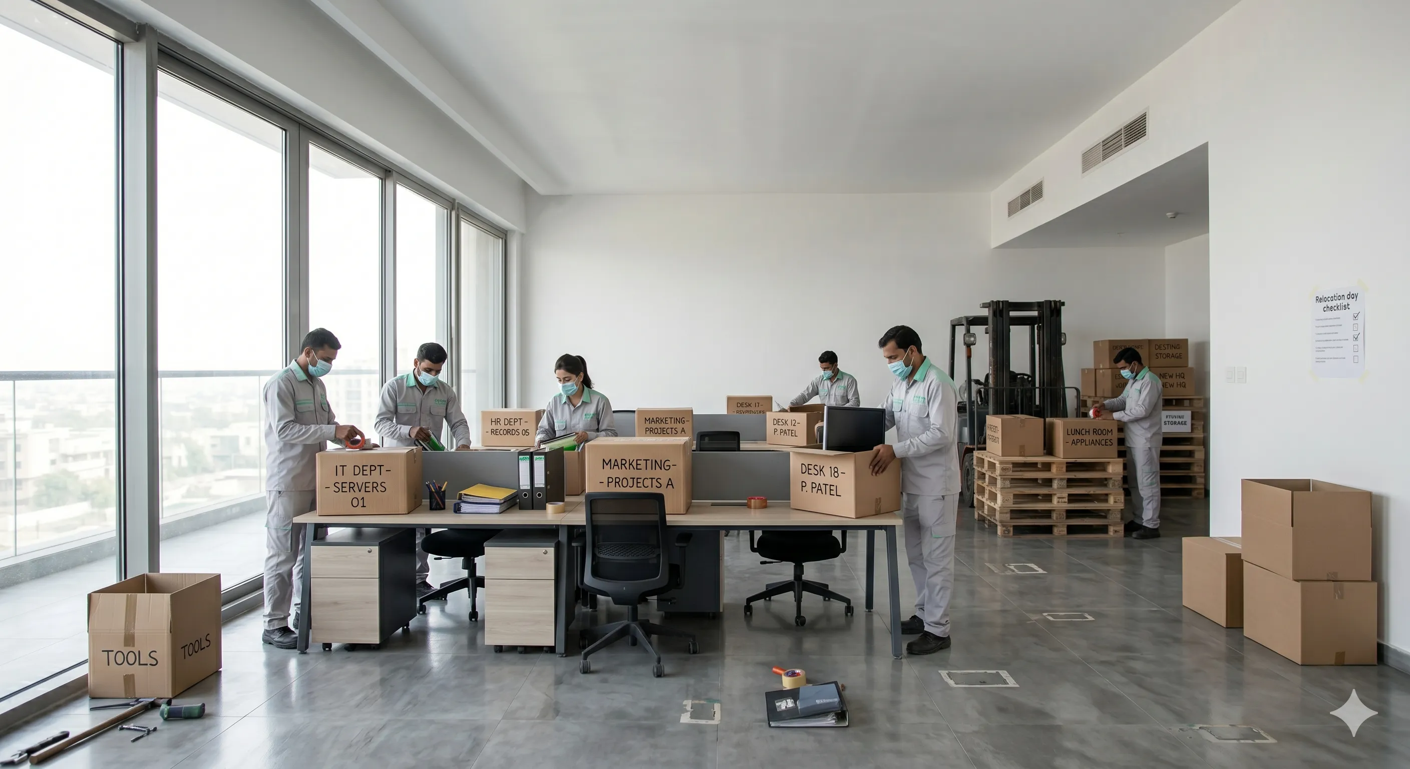 Ufficio in preparazione al trasloco con scatole etichettate
