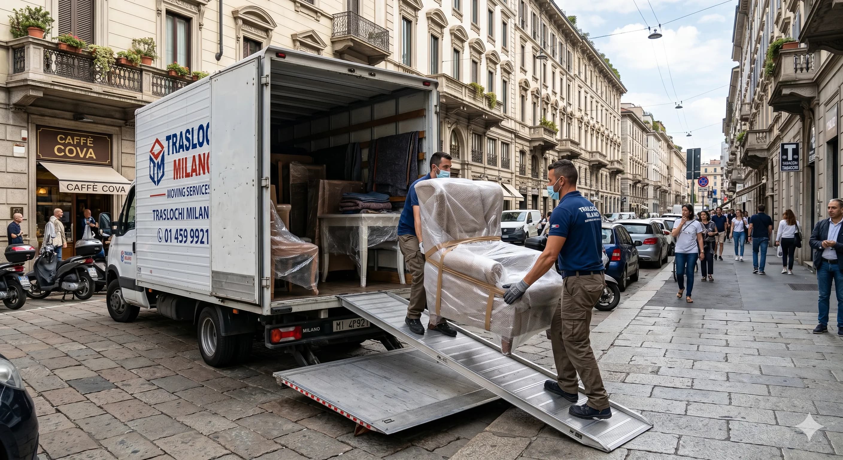Furgone per trasloco con operatori che caricano mobili a Milano